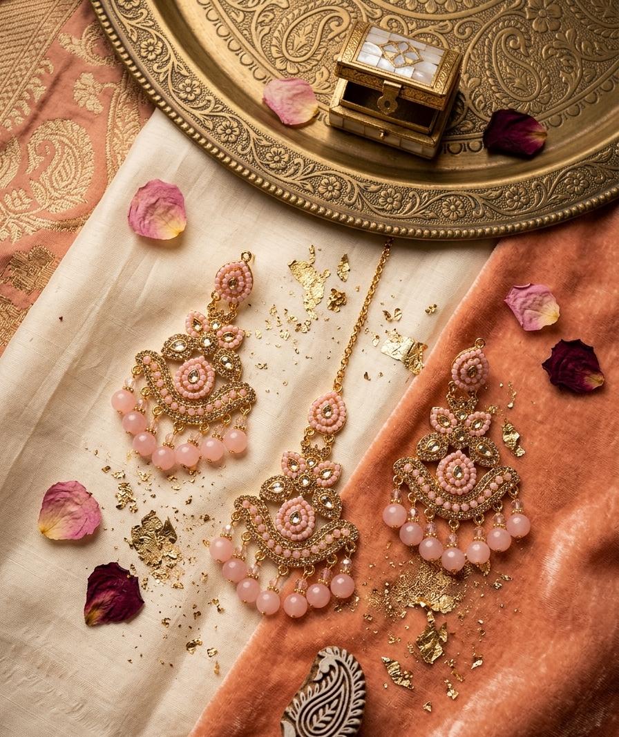 Crystal Moti & Barik Stone Tikka Earrings Set
