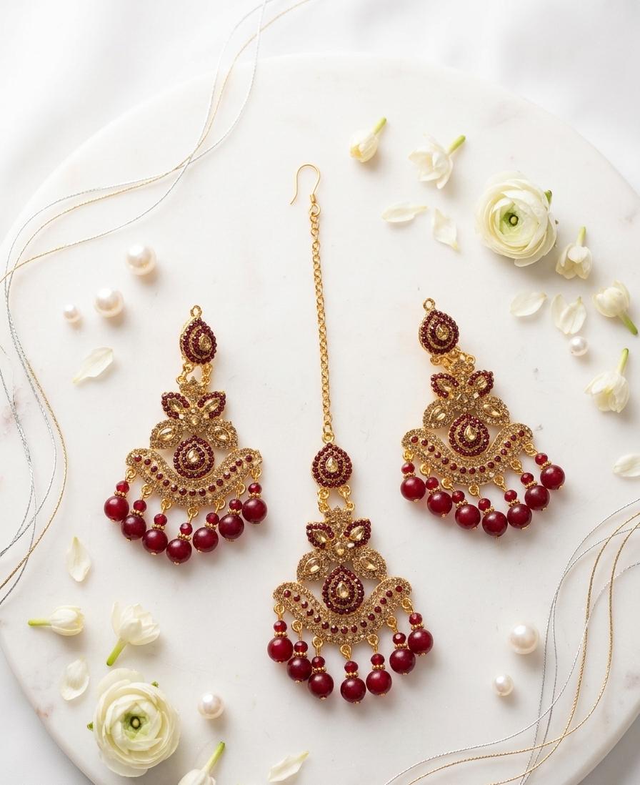 Crystal Moti & Barik Stone Tikka Earrings Set
