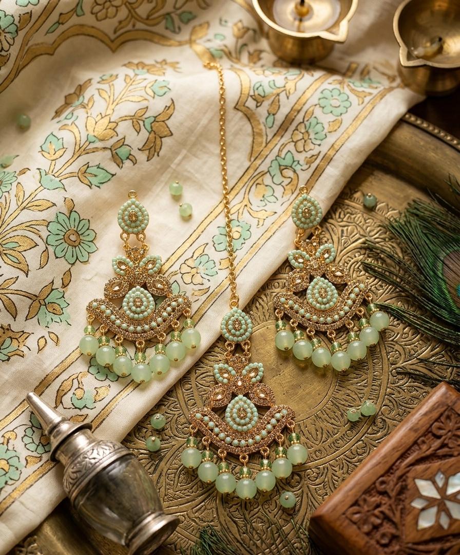 Crystal Moti & Barik Stone Tikka Earrings Set