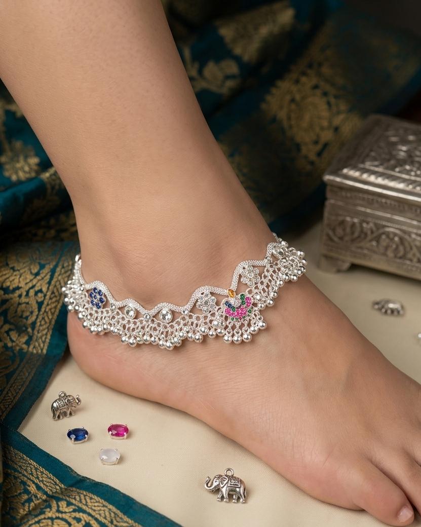 Premium Indian Silver Anklet (payal) with Multicolor Stone Detailing