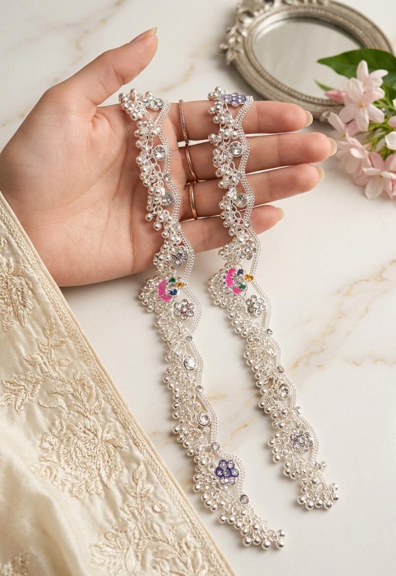 Premium Indian Silver Anklet (payal) with Multicolor Stone Detailing