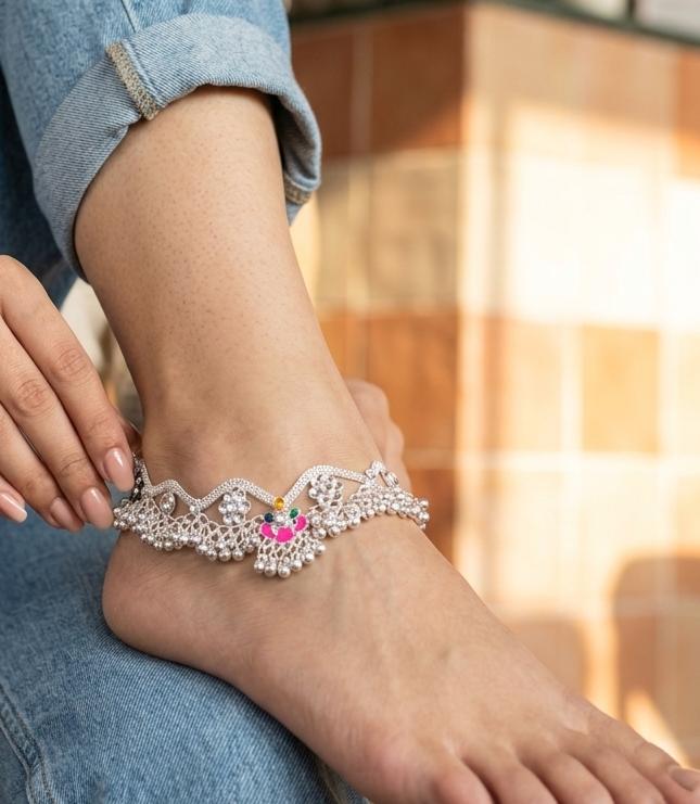 Premium Indian Silver Anklet (payal) with Multicolor Stone Detailing