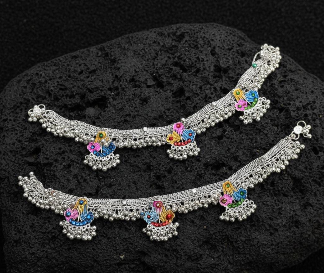 Premium Indian Silver Anklet (payal) with Multicolor Stone Detailing