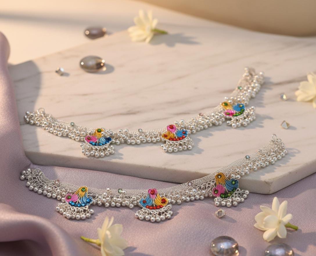 Premium Indian Silver Anklet (payal) with Multicolor Stone Detailing