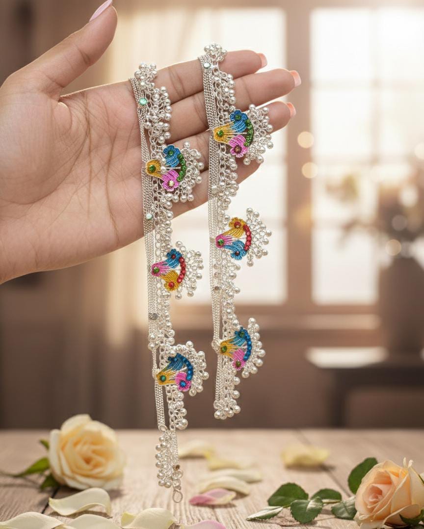 Premium Indian Silver Anklet (payal) with Multicolor Stone Detailing