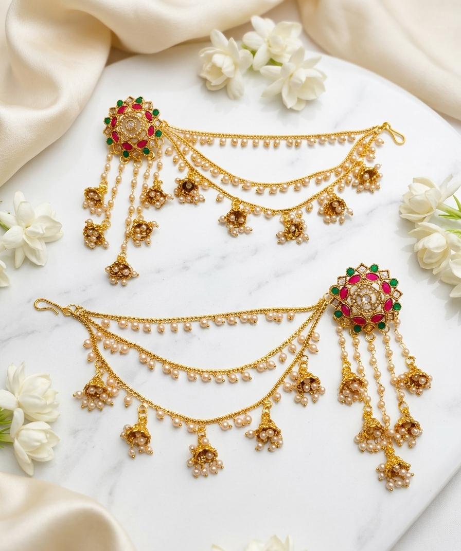 Premium 3-Step Jhumki Earrings with Pearl Saharay