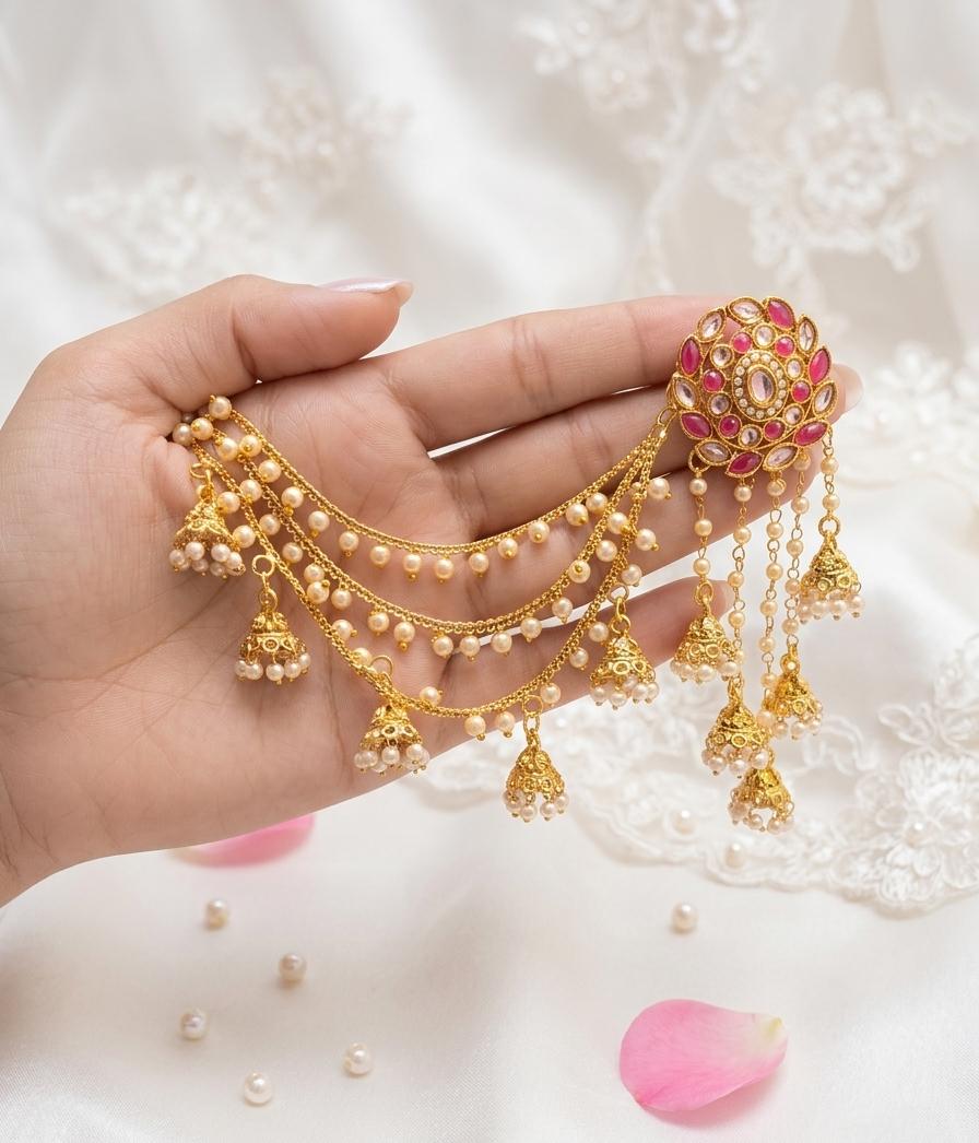 Premium 3-Step Jhumki Earrings with Pearl Saharay