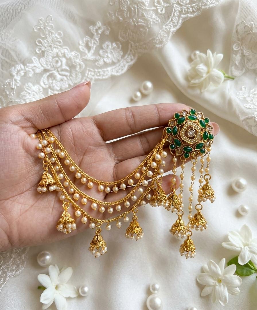 Premium 3-Step Jhumki Earrings with Pearl Saharay
