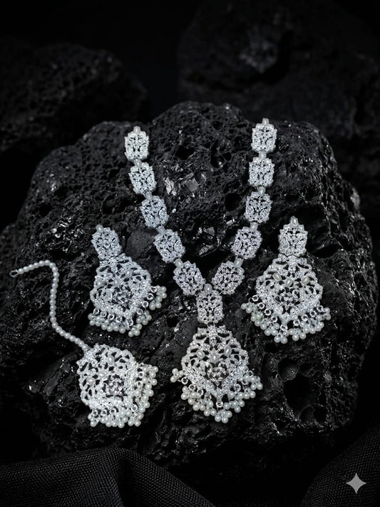 Premium Full Zircon Mala Set with Earrings & Maang Tikka