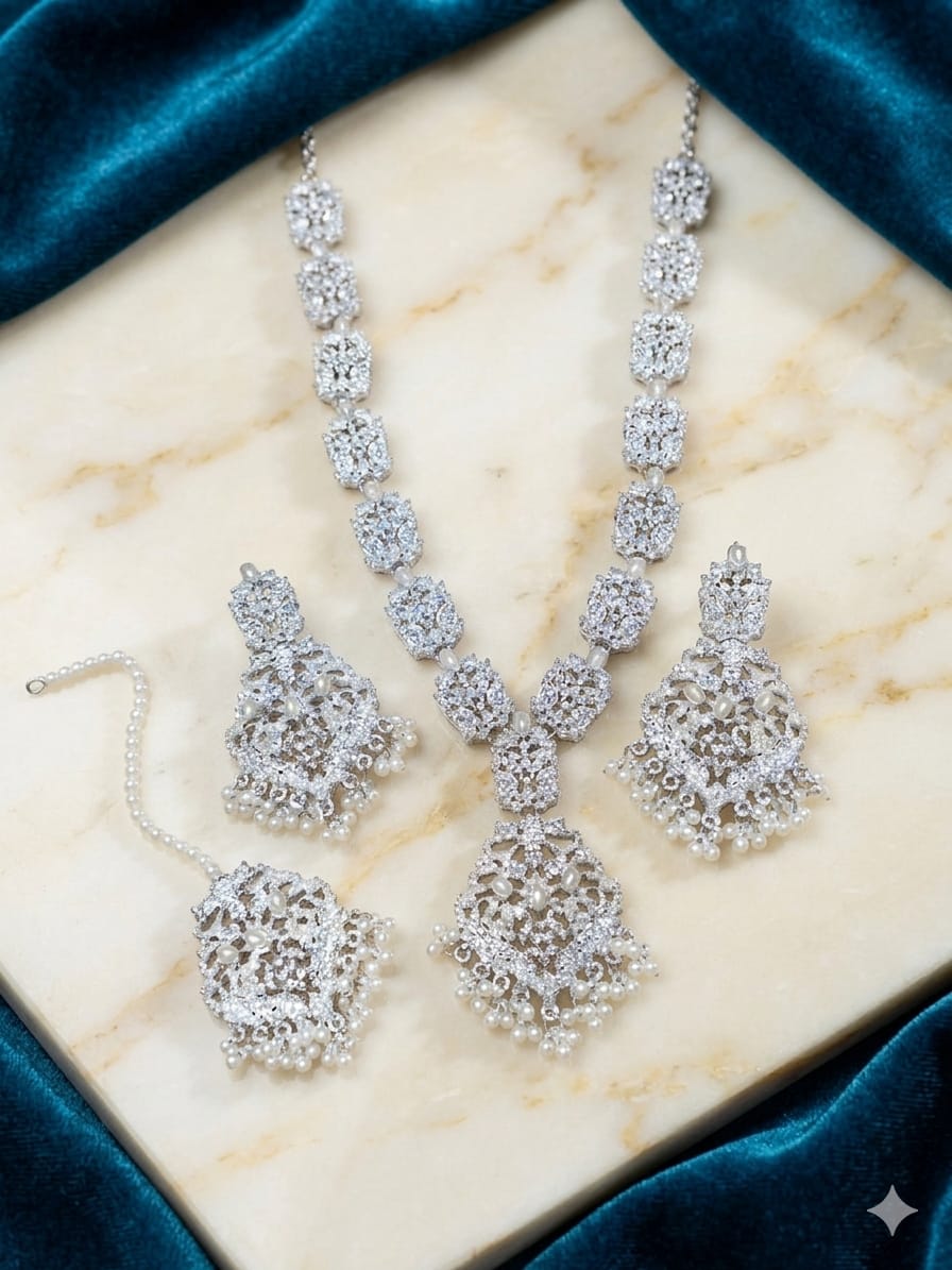 Premium Full Zircon Mala Set with Earrings & Maang Tikka