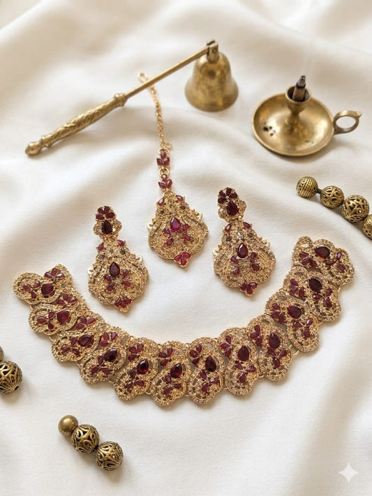Premium Full Zircon Gold & Silver Necklace Set with Maang Tikka & Earrings