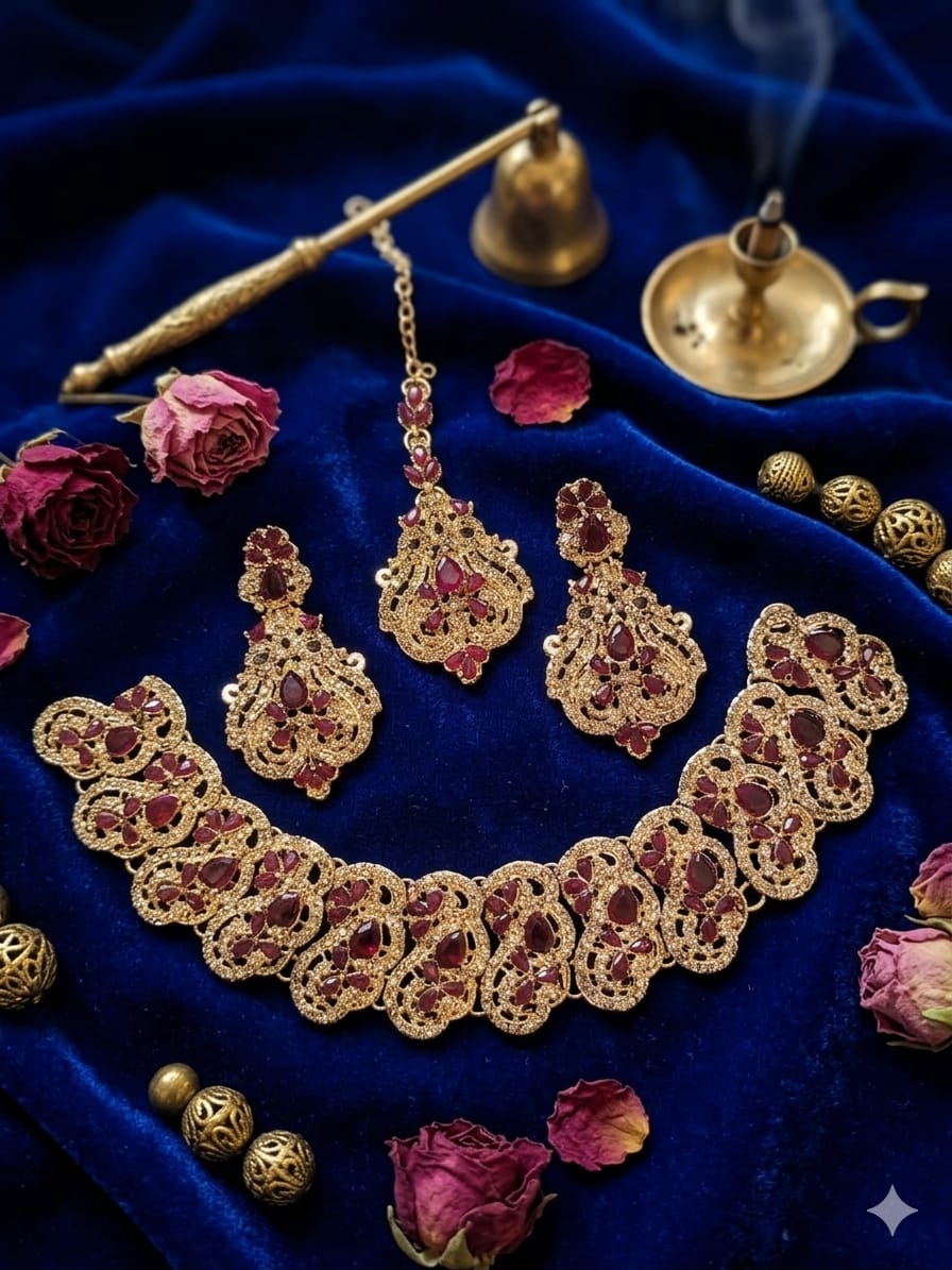 Premium Full Zircon Gold & Silver Necklace Set with Maang Tikka & Earrings
