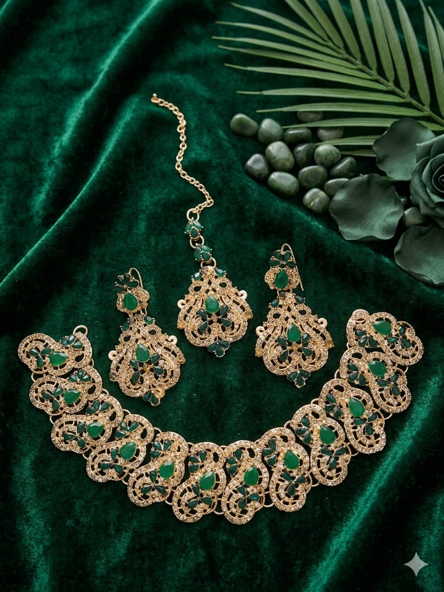 Premium Full Zircon Gold & Silver Necklace Set with Maang Tikka & Earrings