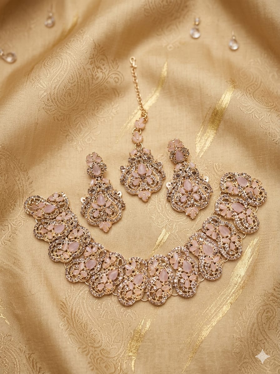 Premium Full Zircon Gold & Silver Necklace Set with Maang Tikka & Earrings