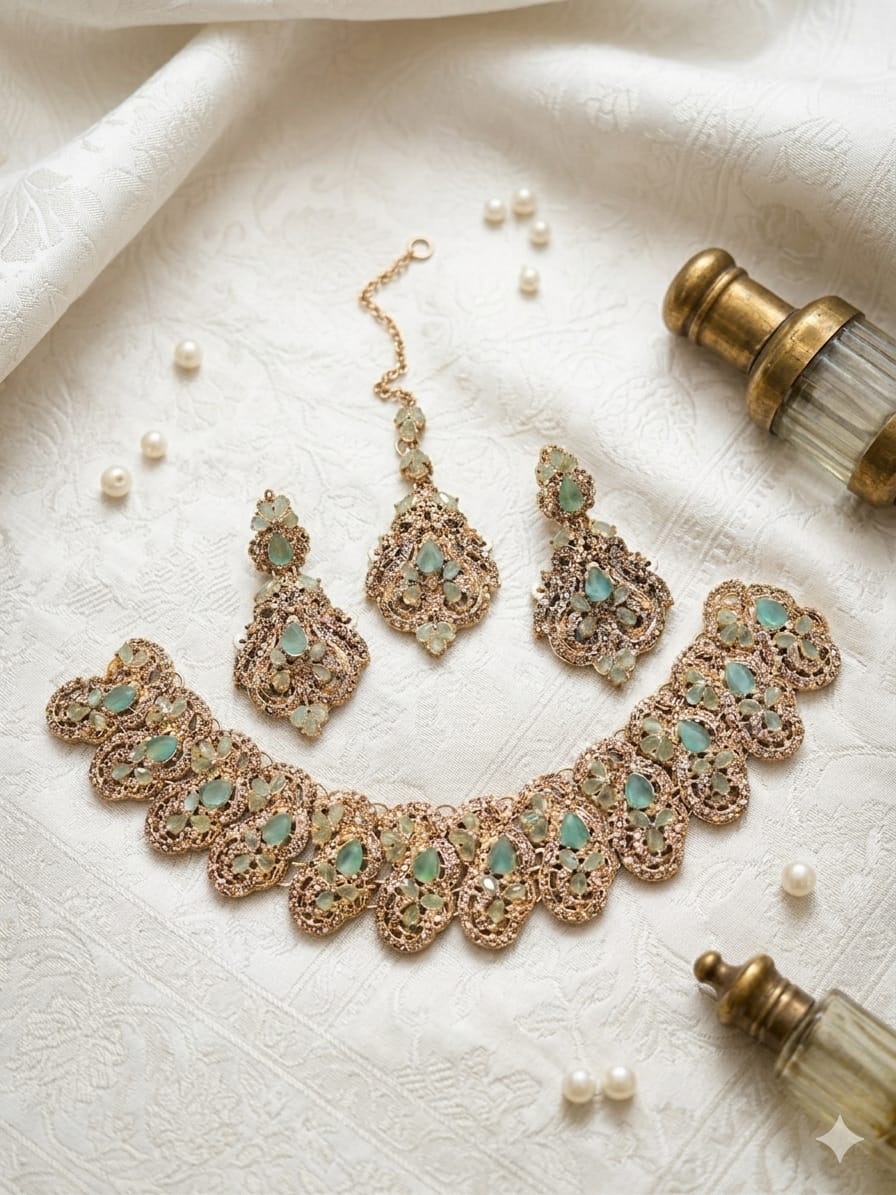 Premium Full Zircon Gold & Silver Necklace Set with Maang Tikka & Earrings