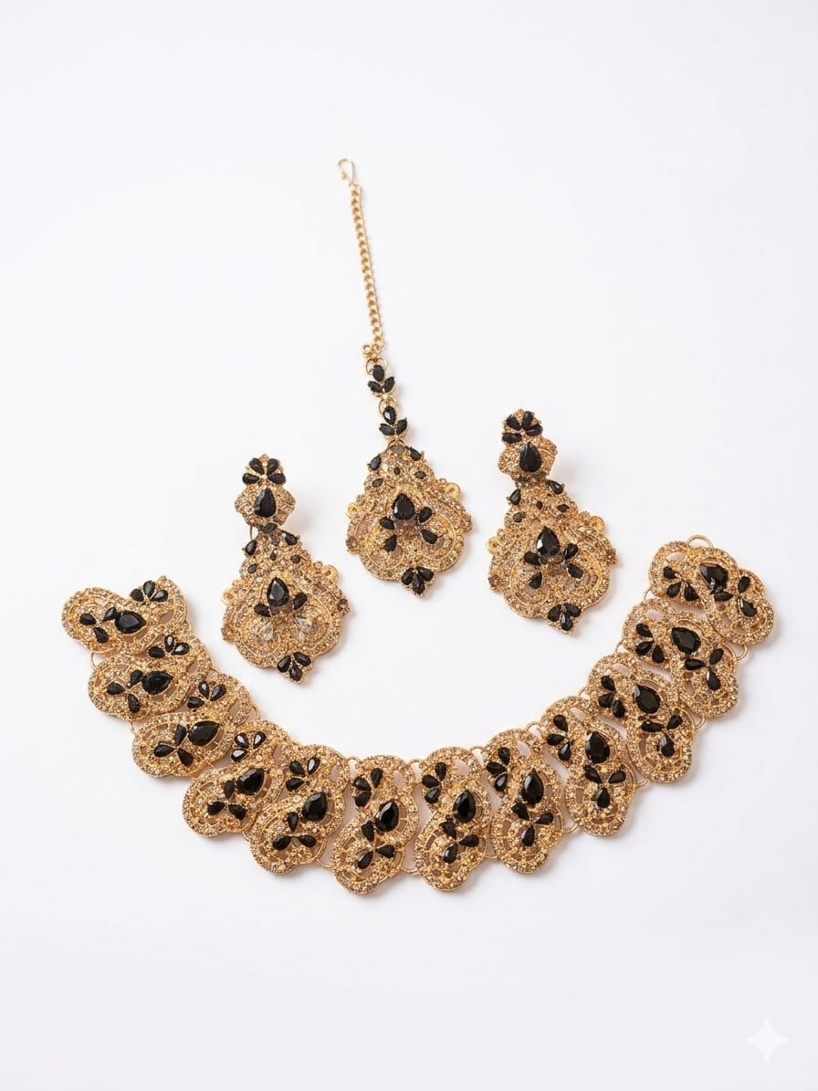 Premium Full Zircon Gold & Silver Necklace Set with Maang Tikka & Earrings