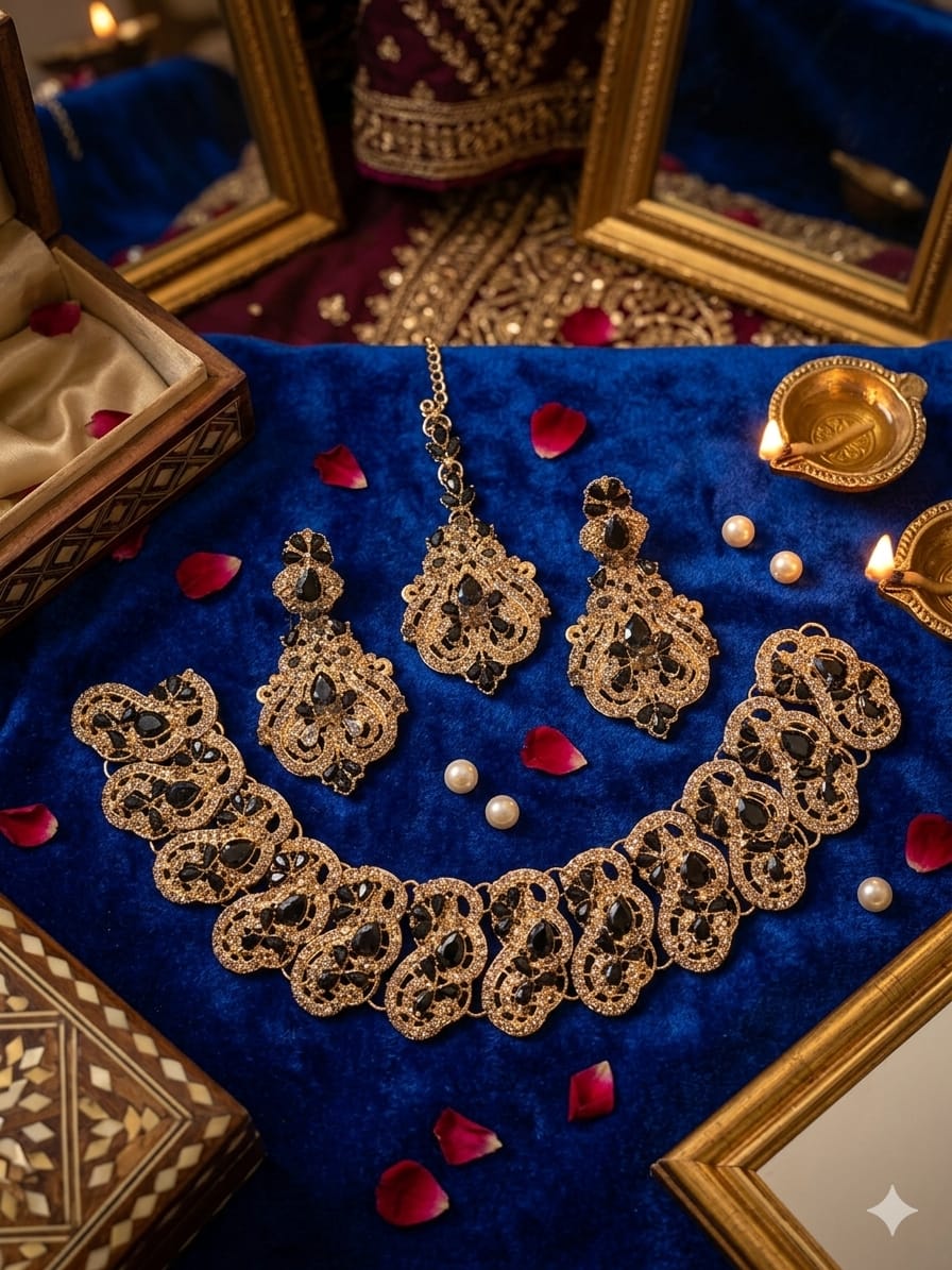 Premium Full Zircon Gold & Silver Necklace Set with Maang Tikka & Earrings