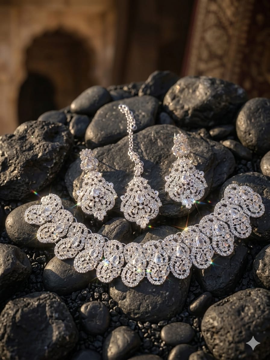 Premium Full Zircon Gold & Silver Necklace Set with Maang Tikka & Earrings
