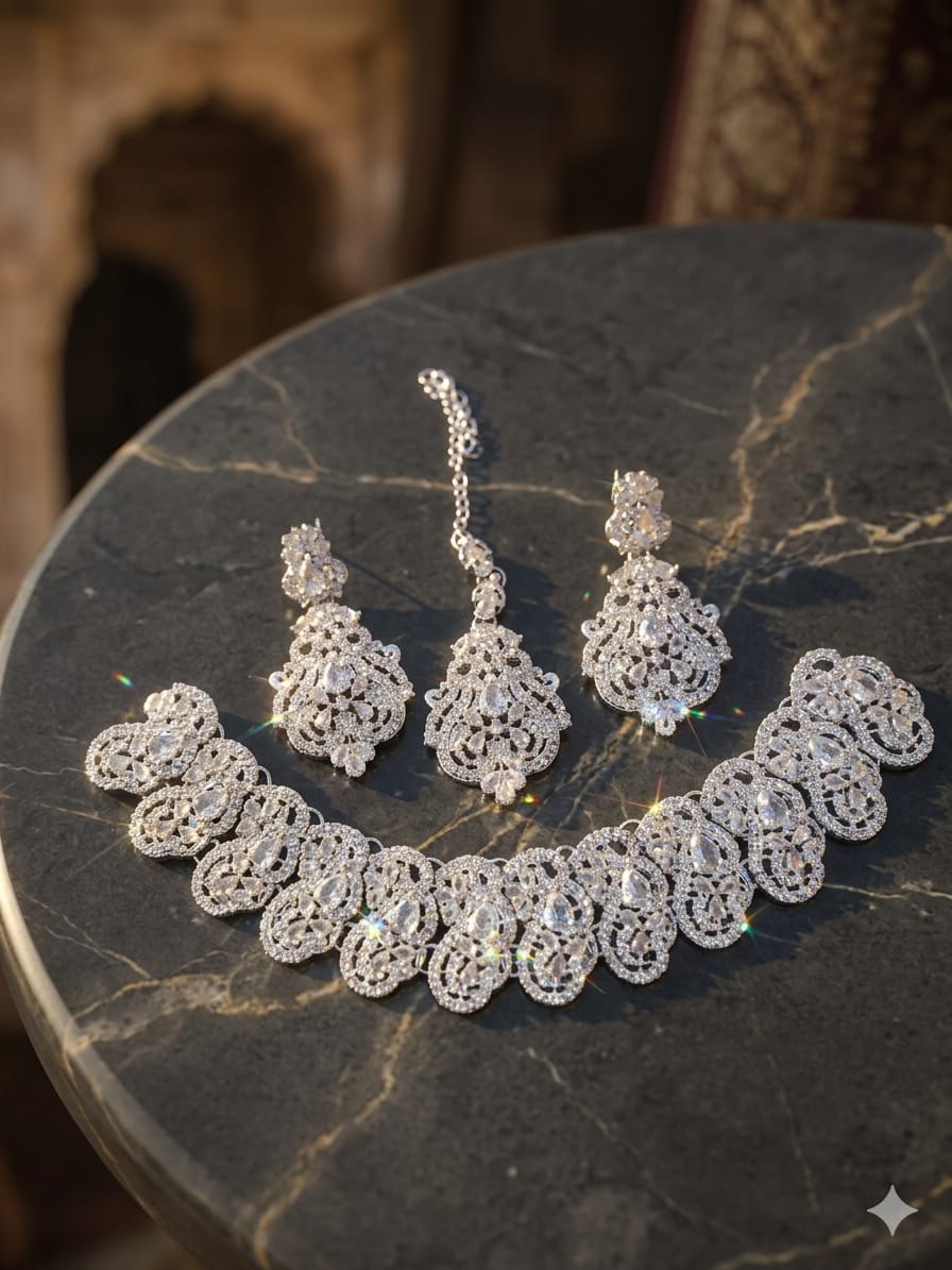 Premium Full Zircon Gold & Silver Necklace Set with Maang Tikka & Earrings