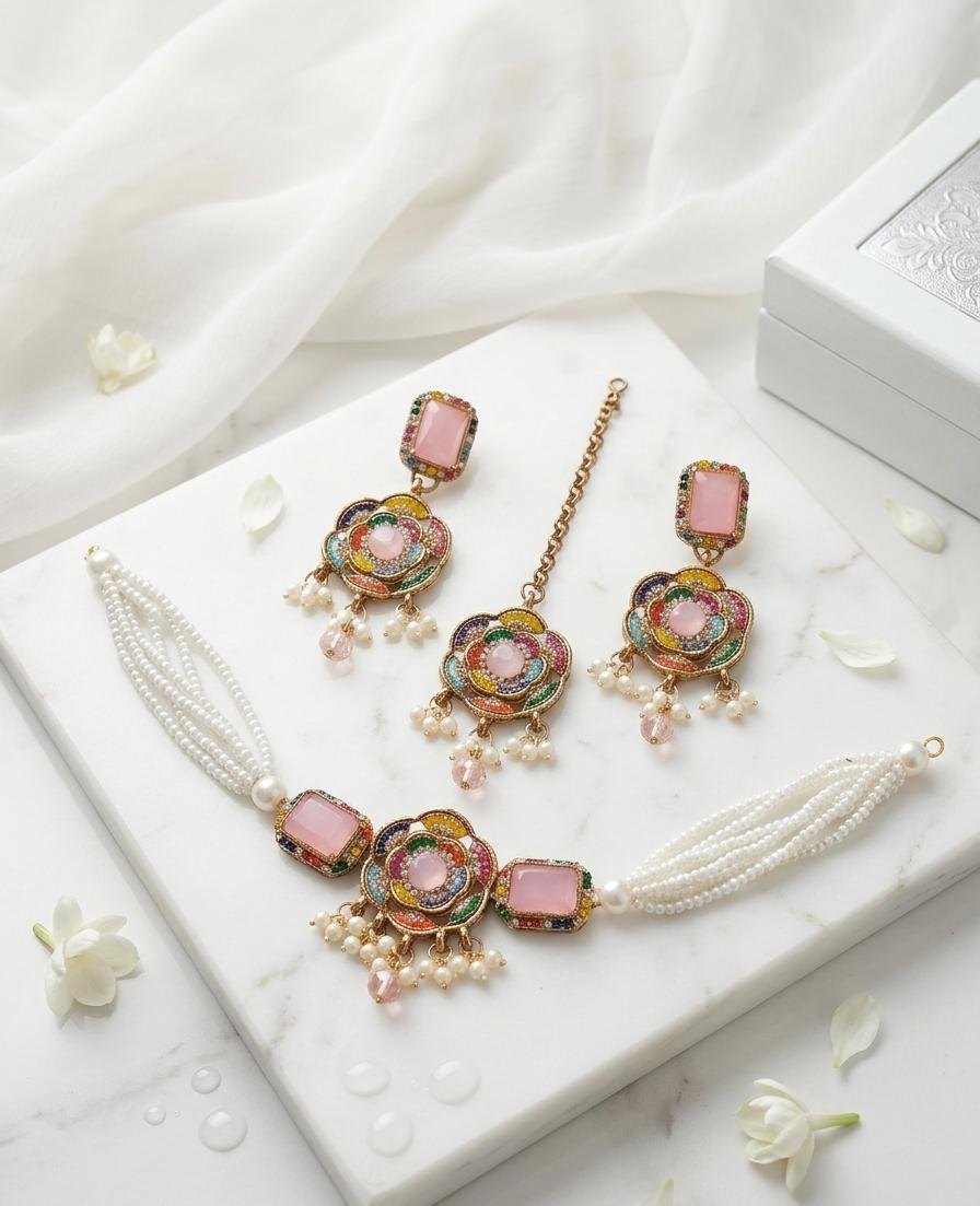 Premium Antique Navratan Pearl Choker Set with Maang Tikka & Earrings