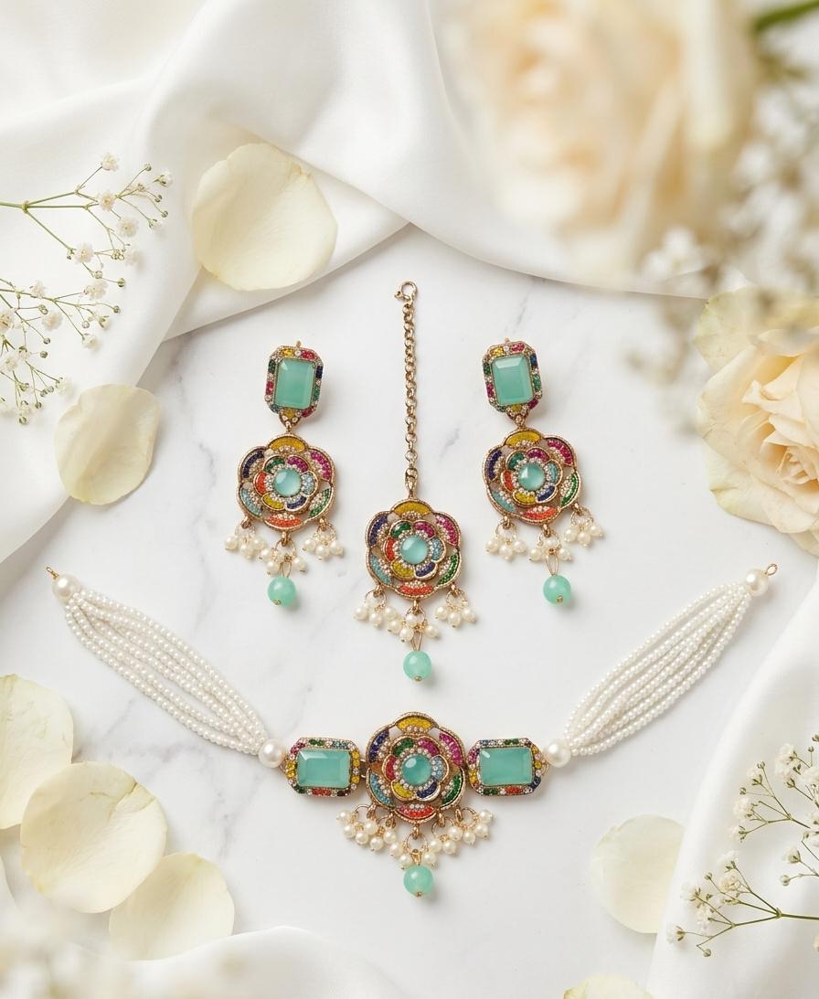 Premium Antique Navratan Pearl Choker Set with Maang Tikka & Earrings