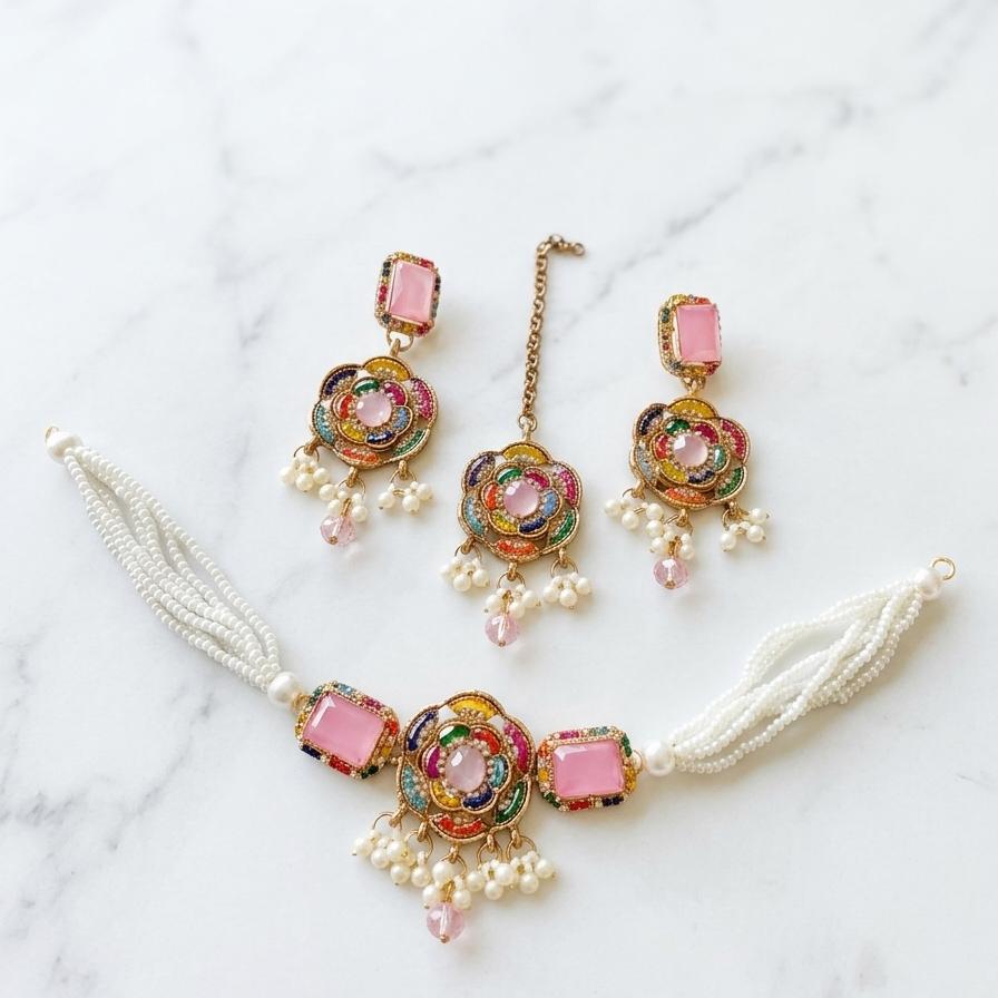 Premium Antique Navratan Pearl Choker Set with Maang Tikka & Earrings