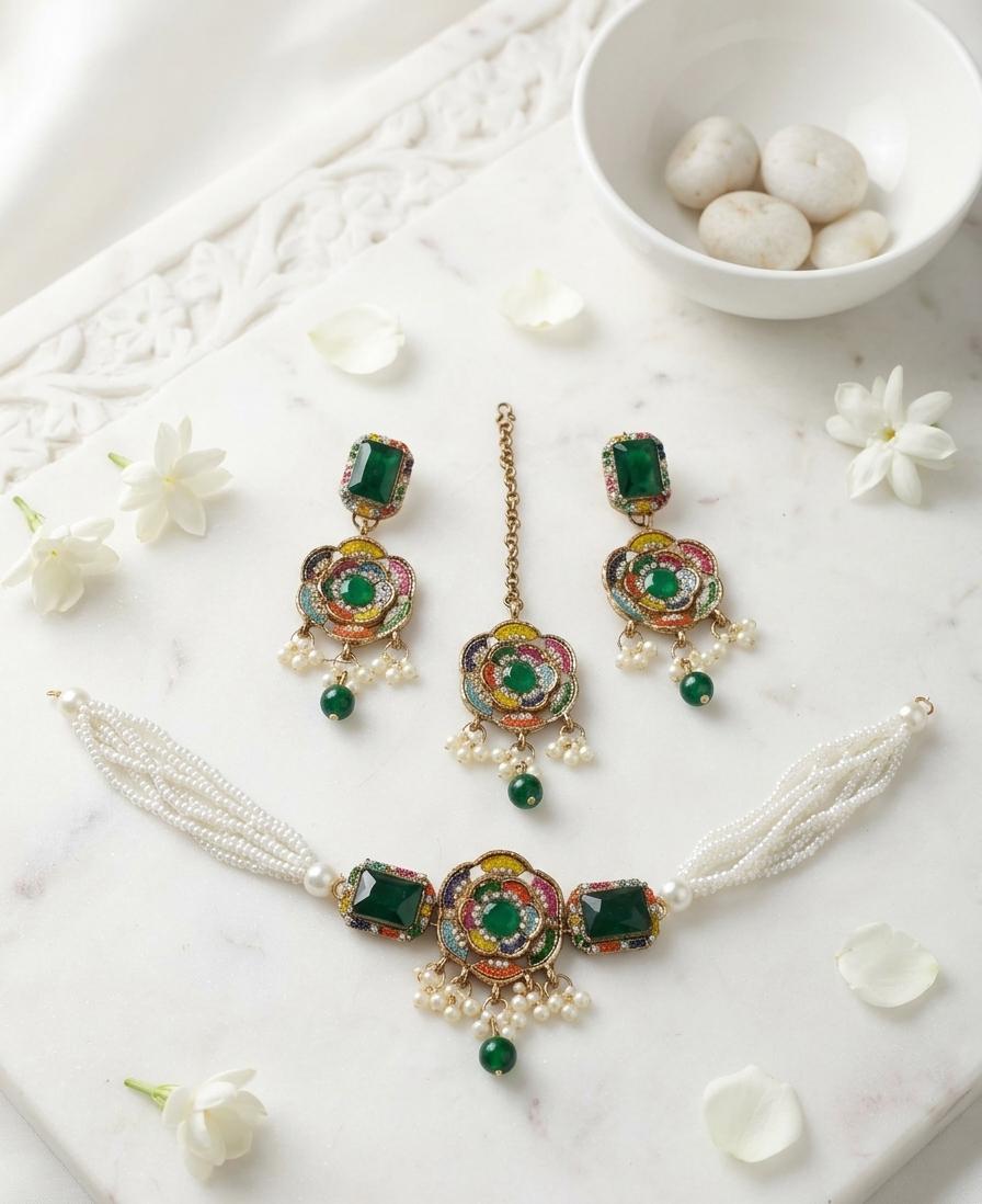 Premium Antique Navratan Pearl Choker Set with Maang Tikka & Earrings