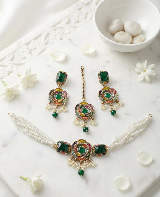 Premium Antique Navratan Pearl Choker Set with Maang Tikka & Earrings