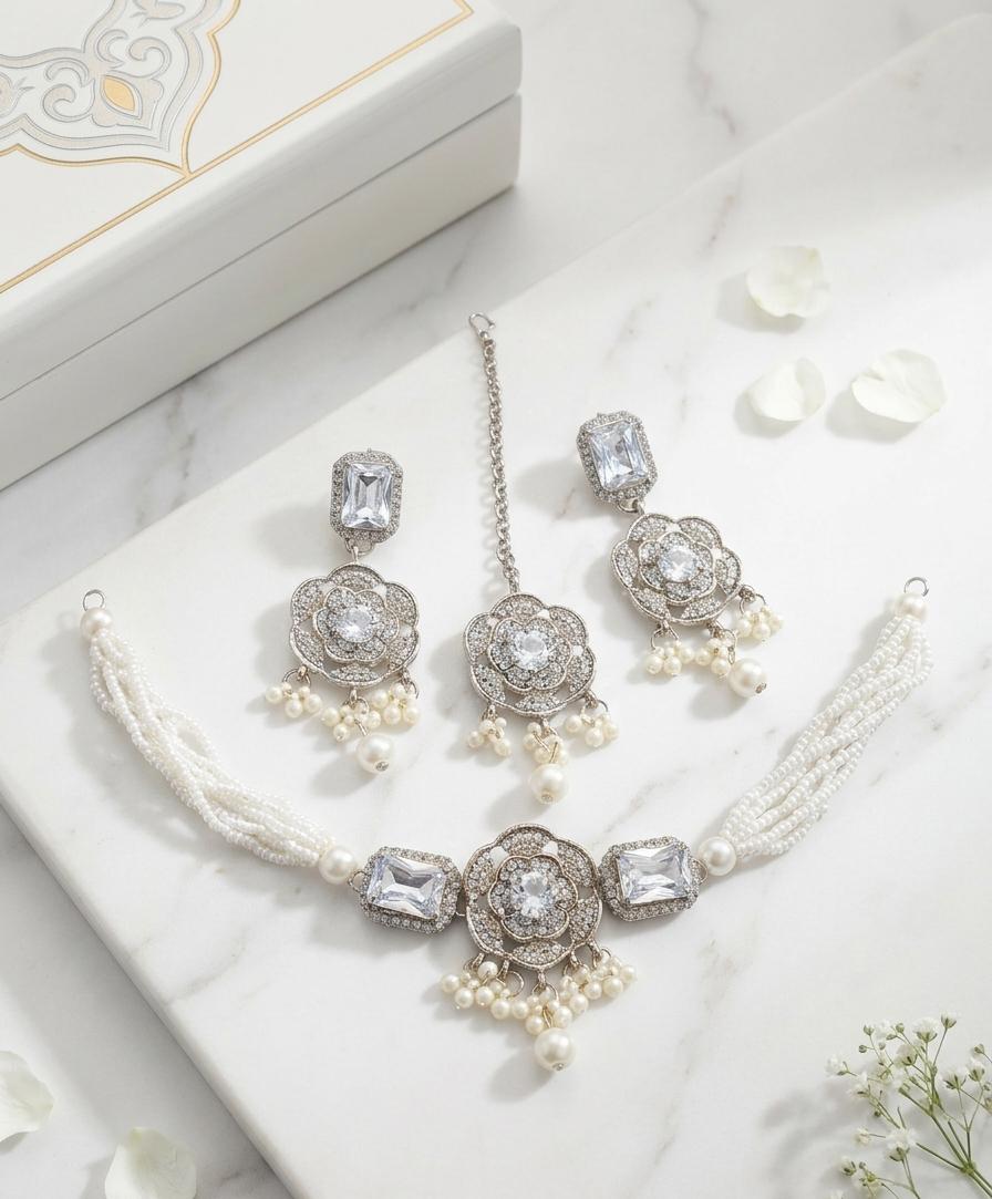 Premium Antique Navratan Pearl Choker Set with Maang Tikka & Earrings
