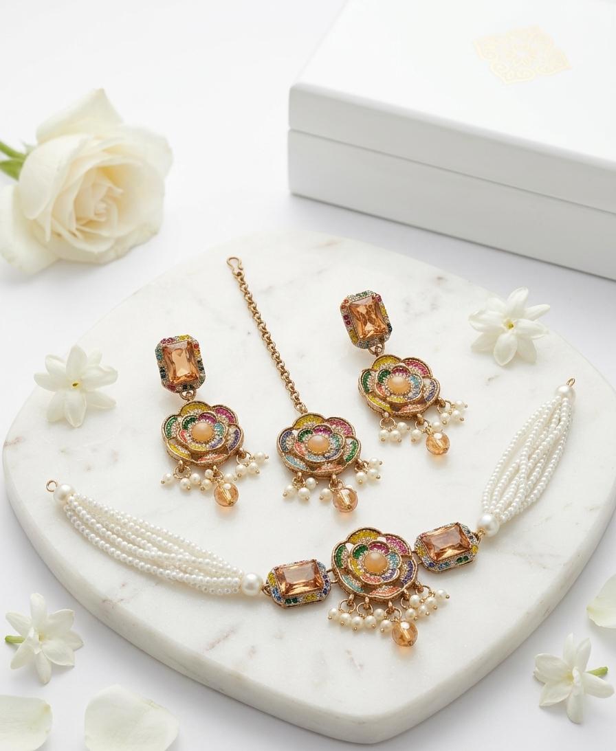 Premium Antique Navratan Pearl Choker Set with Maang Tikka & Earrings