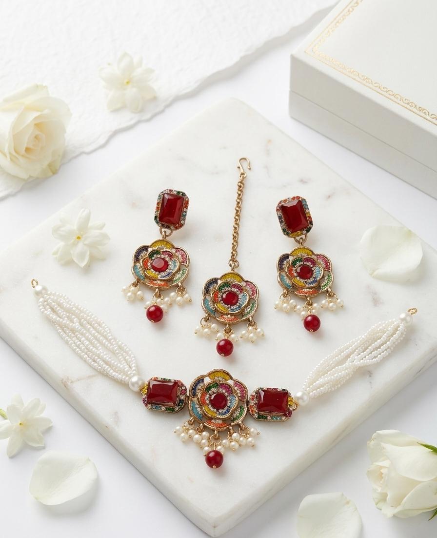 Premium Antique Navratan Pearl Choker Set with Maang Tikka & Earrings