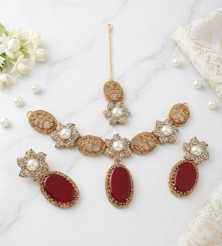 Premium Floral Pearl &amp; Oval Stone Jewelry Set