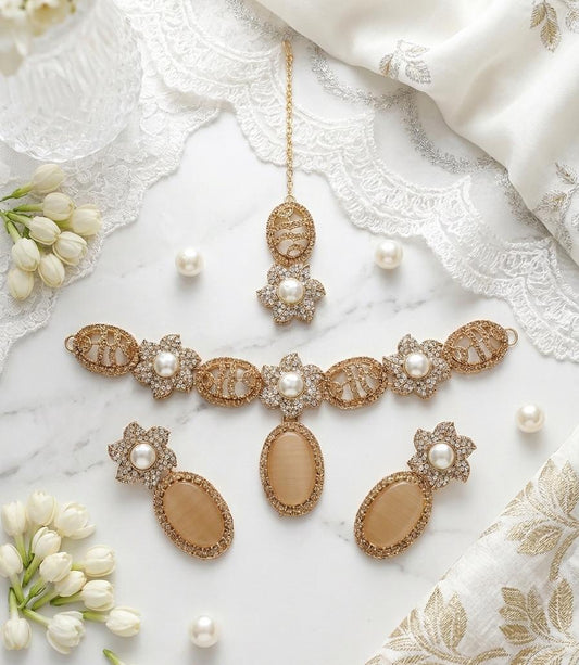 Premium Floral Pearl &amp; Oval Stone Jewelry Set