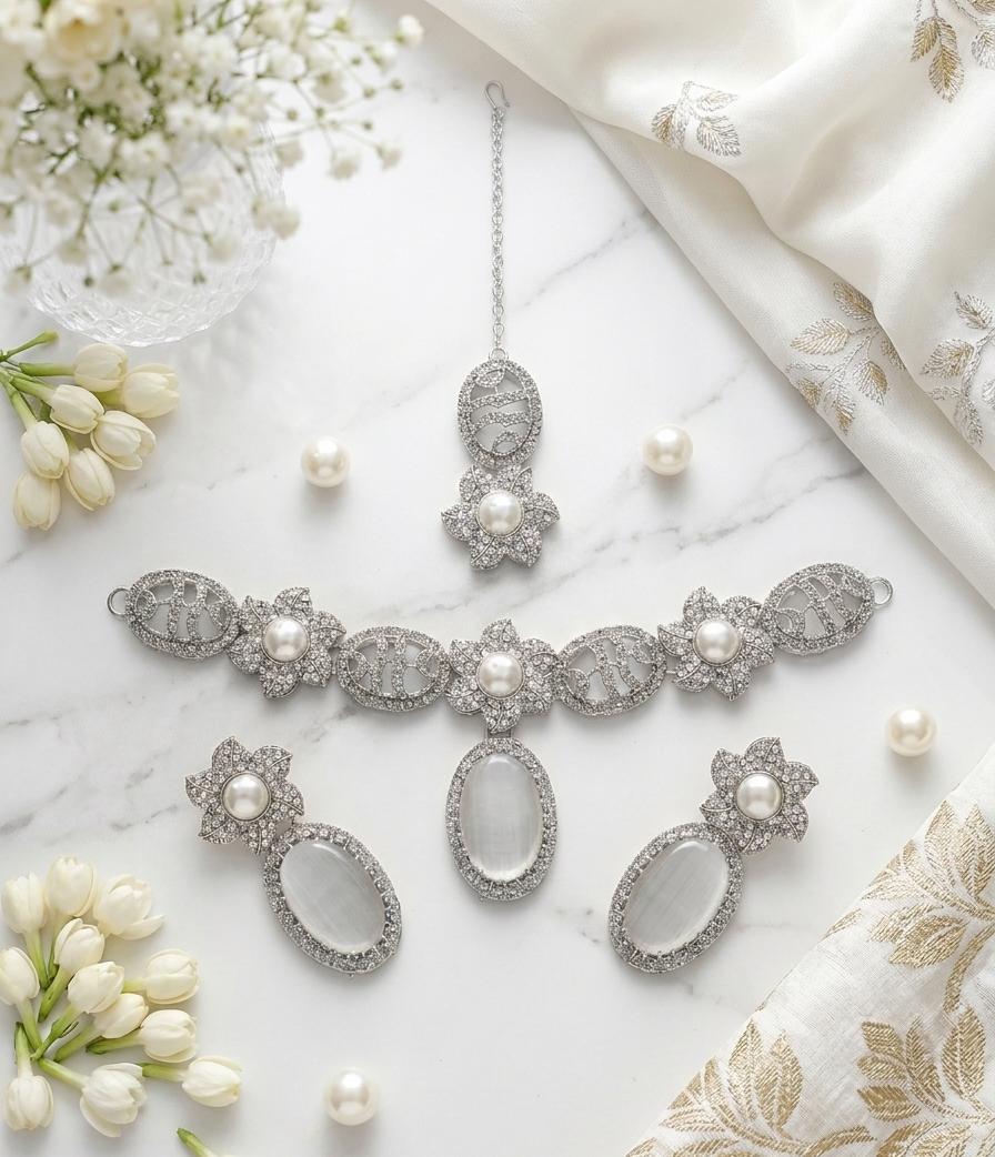Premium Floral Pearl &amp; Oval Stone Jewelry Set