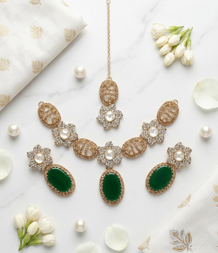 Premium Floral Pearl &amp; Oval Stone Jewelry Set