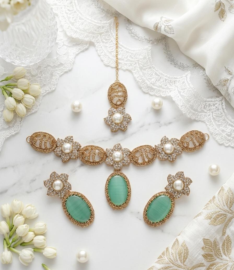 Premium Floral Pearl &amp; Oval Stone Jewelry Set
