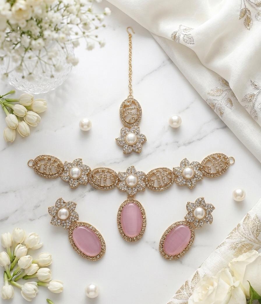 Premium Floral Pearl &amp; Oval Stone Jewelry Set