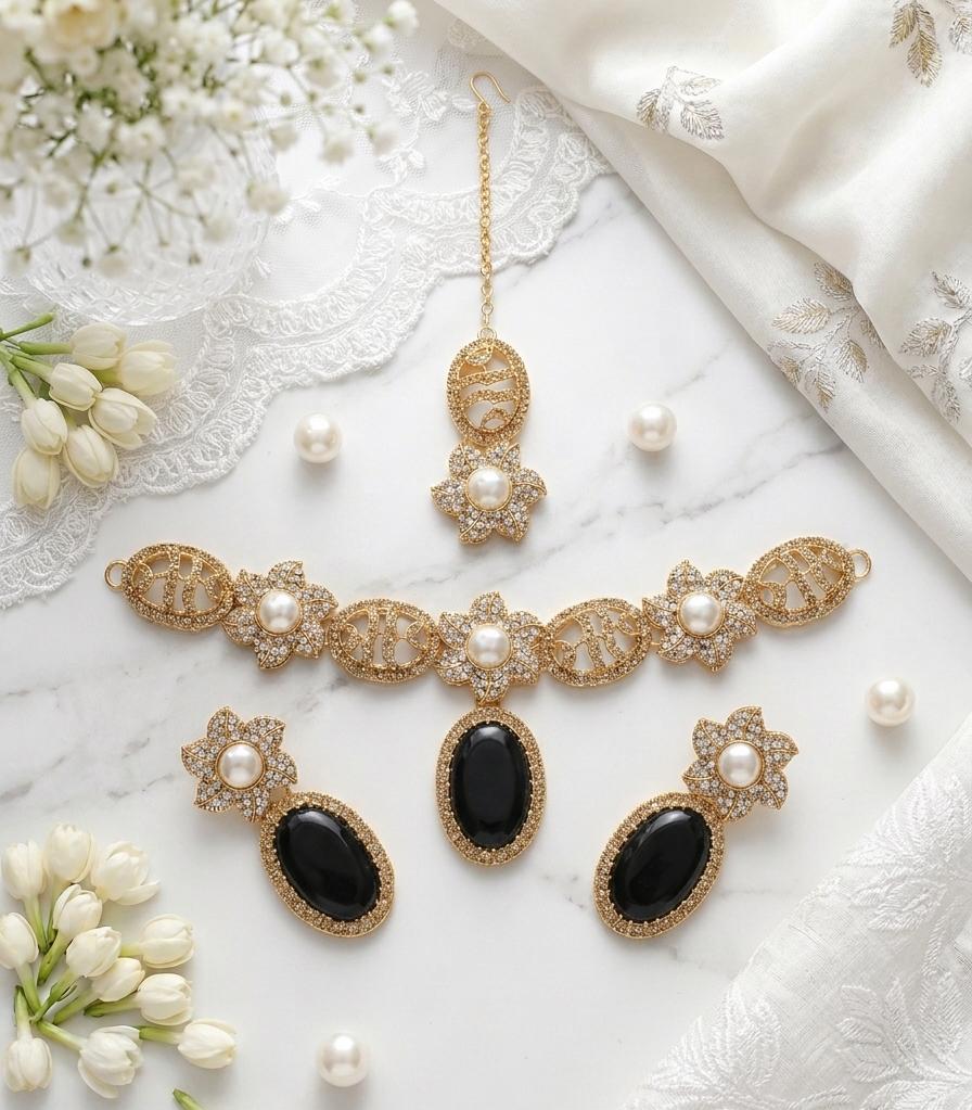 Premium Floral Pearl &amp; Oval Stone Jewelry Set