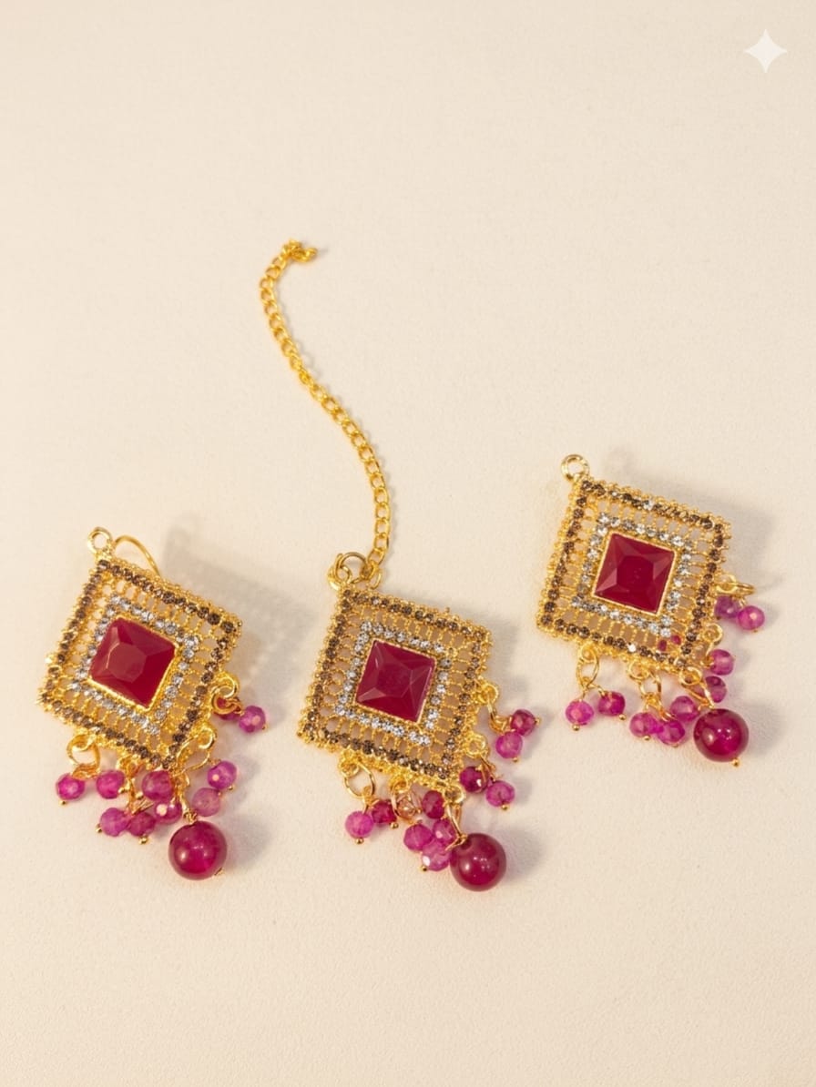 Premium Crystal Pearl &amp; Fine Stone Tikka Earrings Set