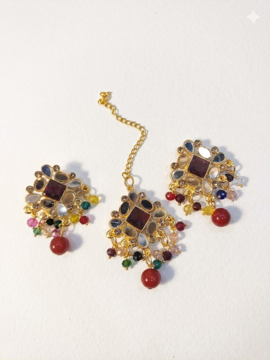 Premium Crystal Pearl &amp; Fine Stone Tikka Earrings Set