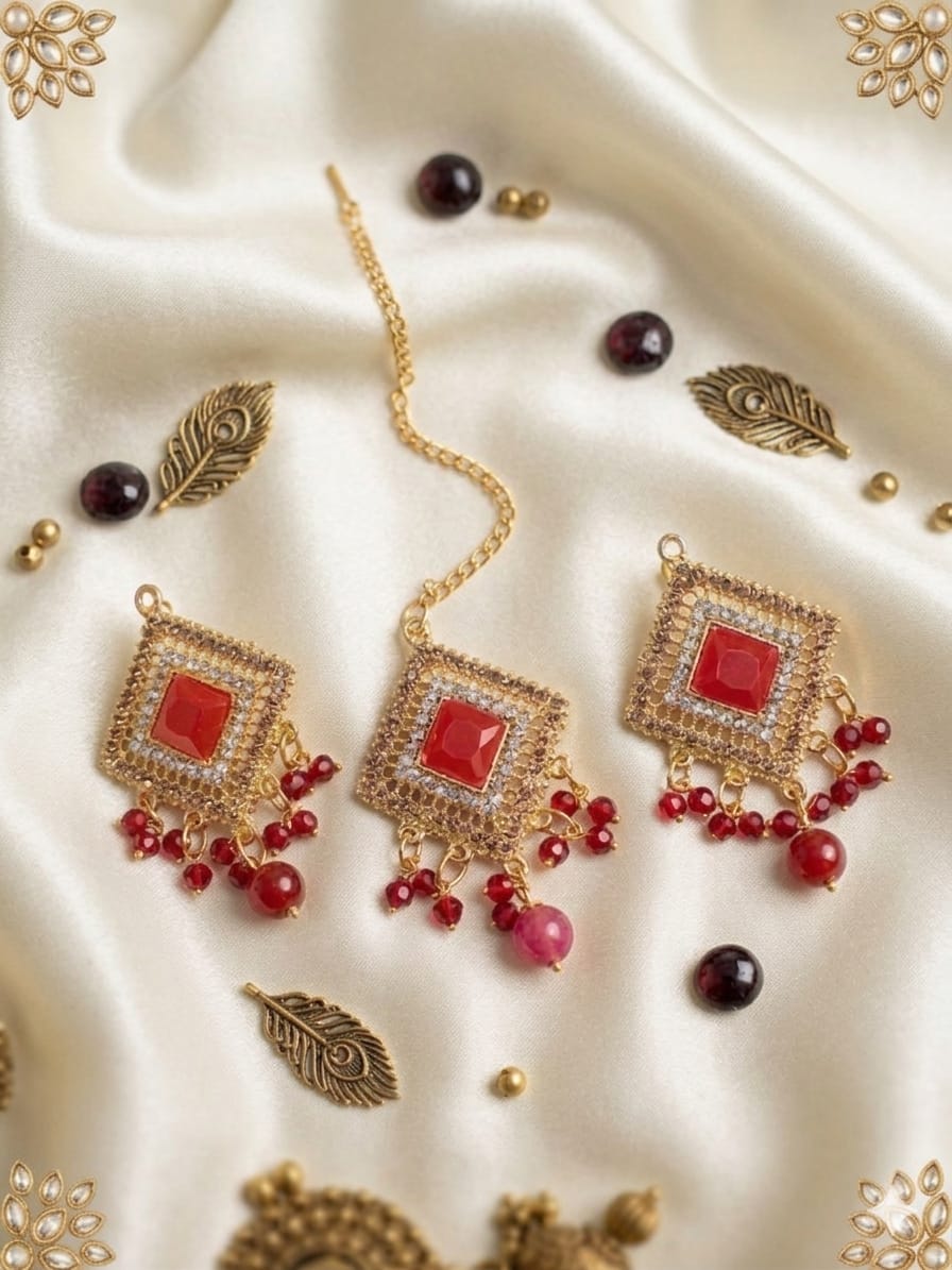 Premium Crystal Pearl &amp; Fine Stone Tikka Earrings Set