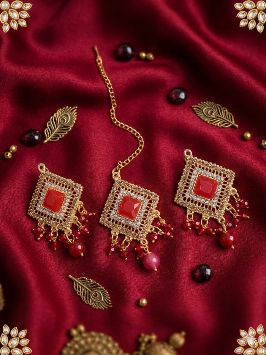 Premium Crystal Pearl &amp; Fine Stone Tikka Earrings Set