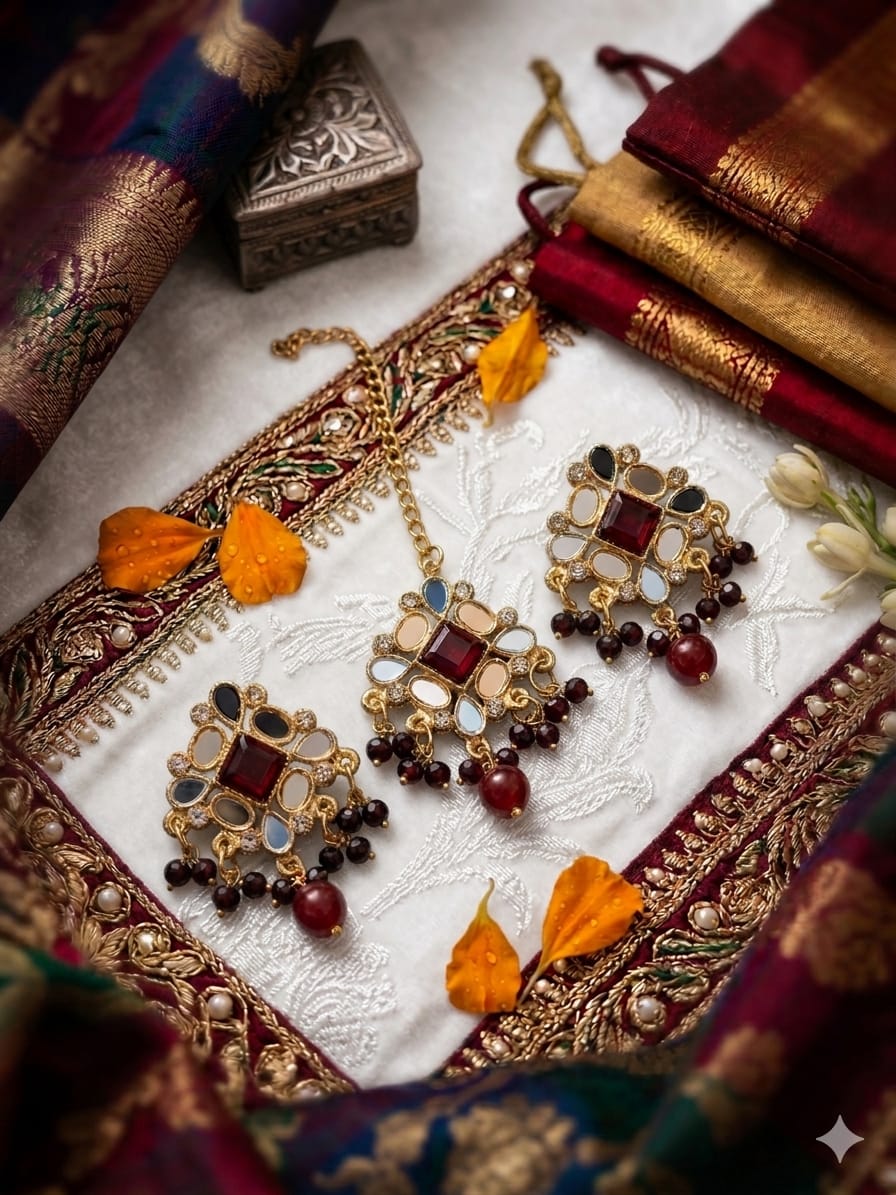 Premium Crystal Pearl &amp; Fine Stone Tikka Earrings Set