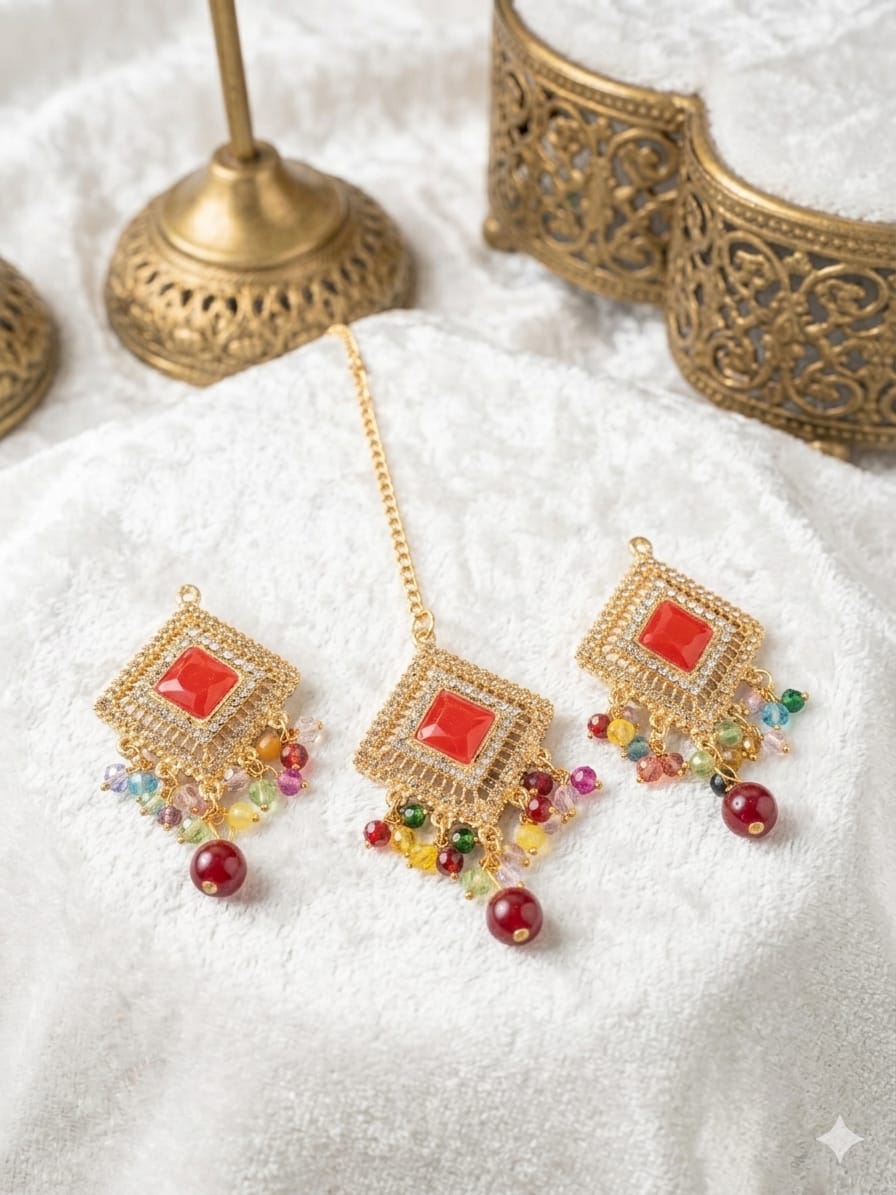 Premium Crystal Pearl &amp; Fine Stone Tikka Earrings Set