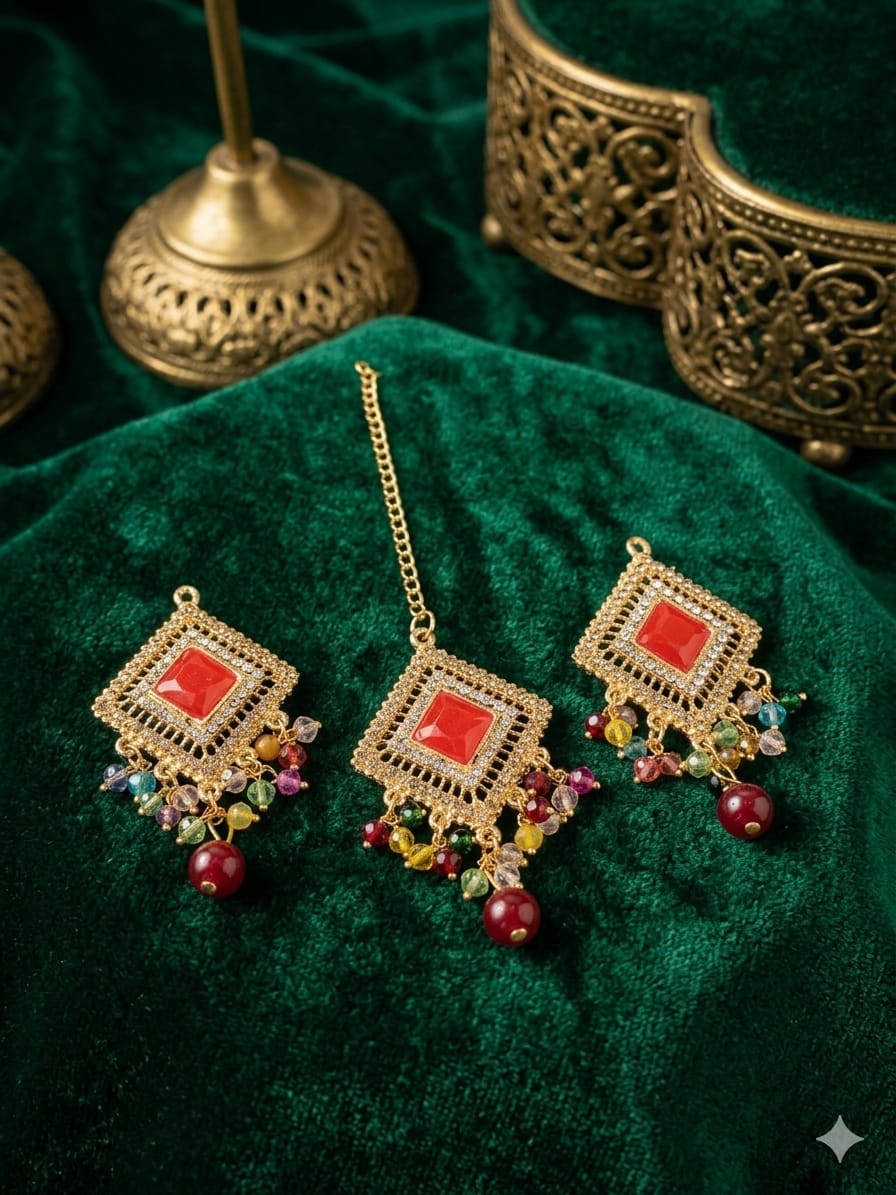 Premium Crystal Pearl &amp; Fine Stone Tikka Earrings Set