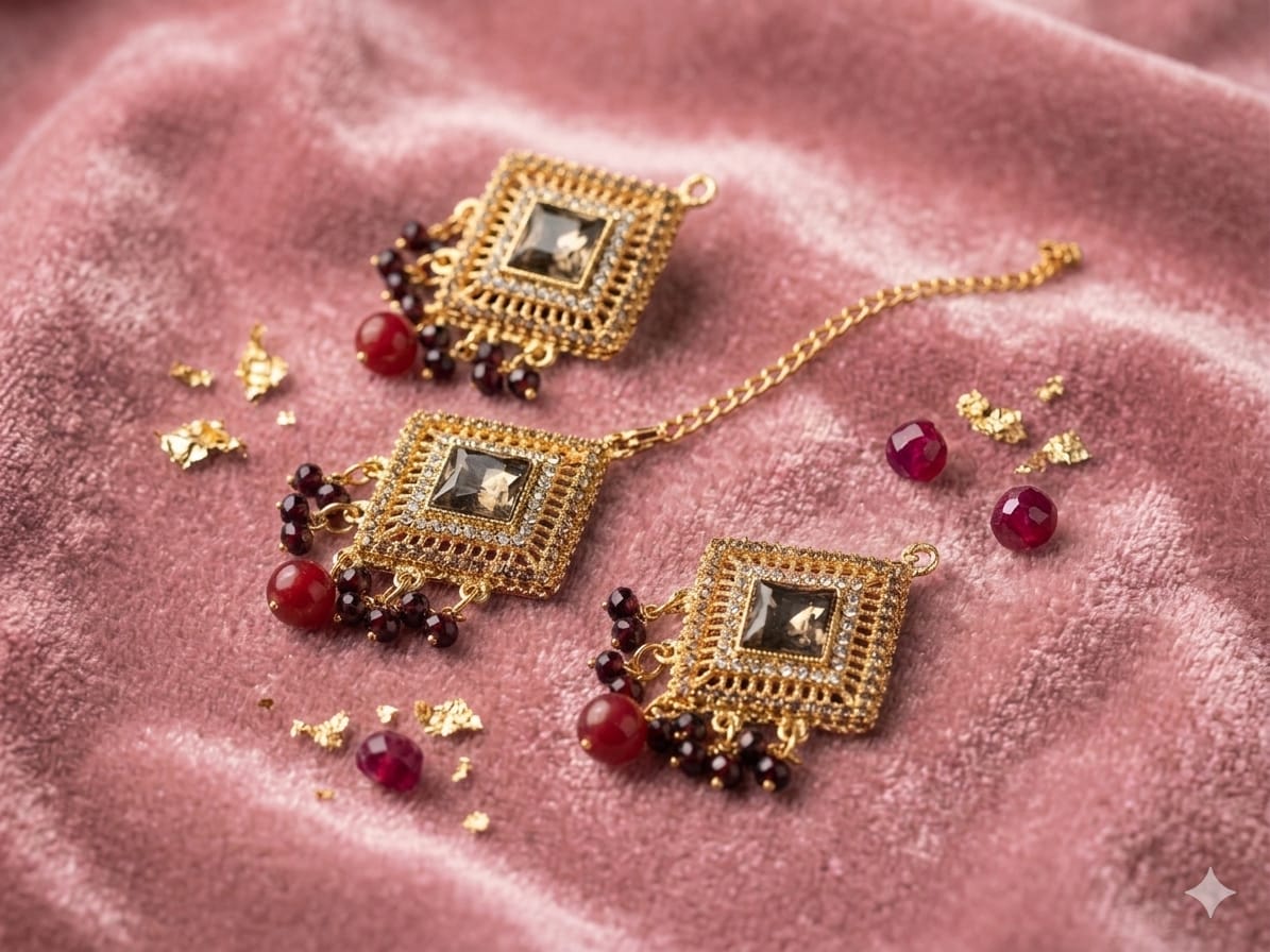 Premium Crystal Pearl &amp; Fine Stone Tikka Earrings Set
