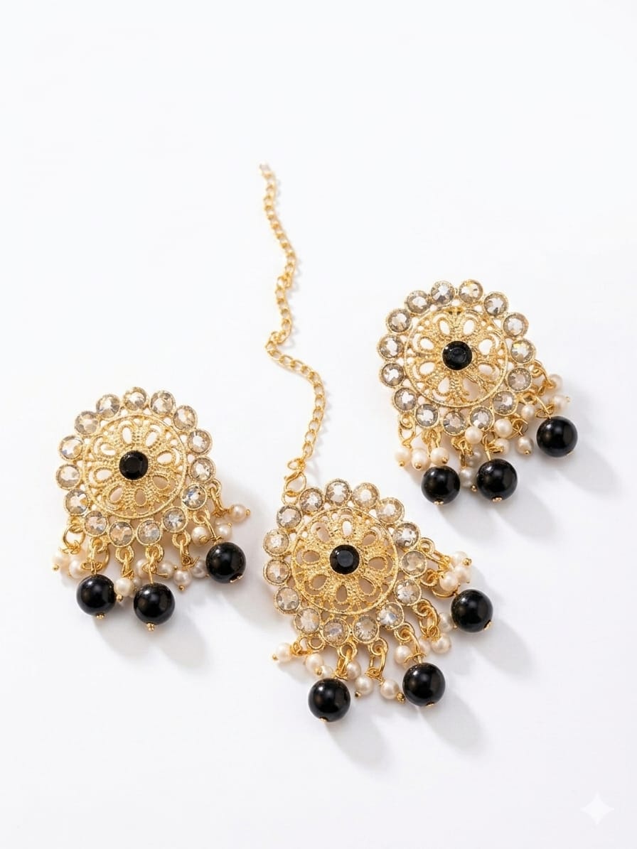 Premium Crystal Pearl &amp; Fine Stone Tikka Earrings Set
