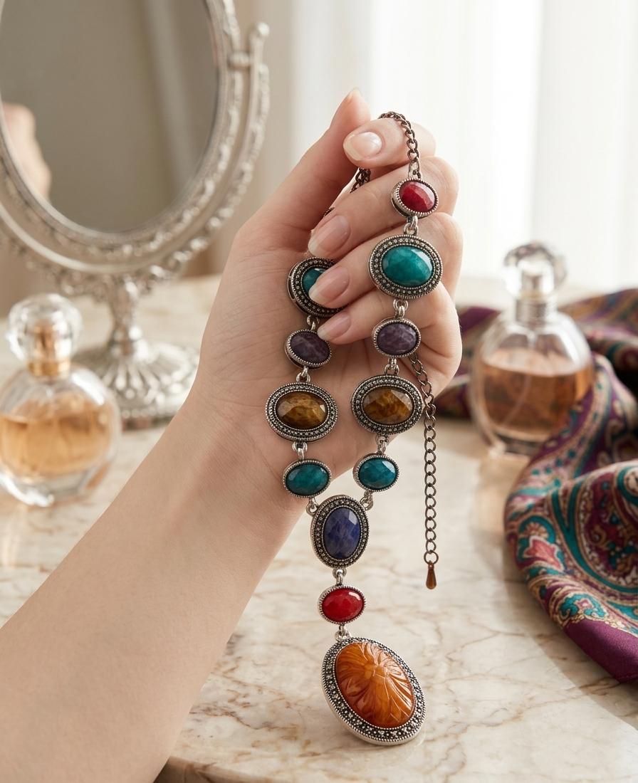 Multi-Stone Steel Polish Long Pendant Necklace