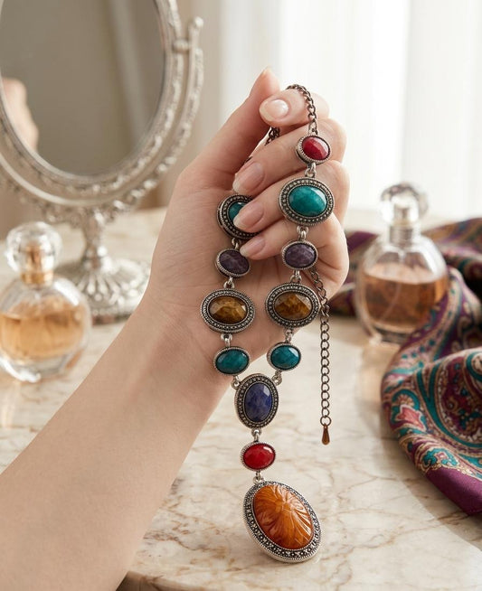 Multi-Stone Steel Polish Long Pendant Necklace