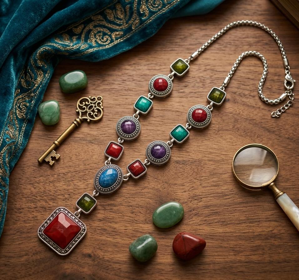 Multi-Stone Steel Polish Long Pendant Necklace